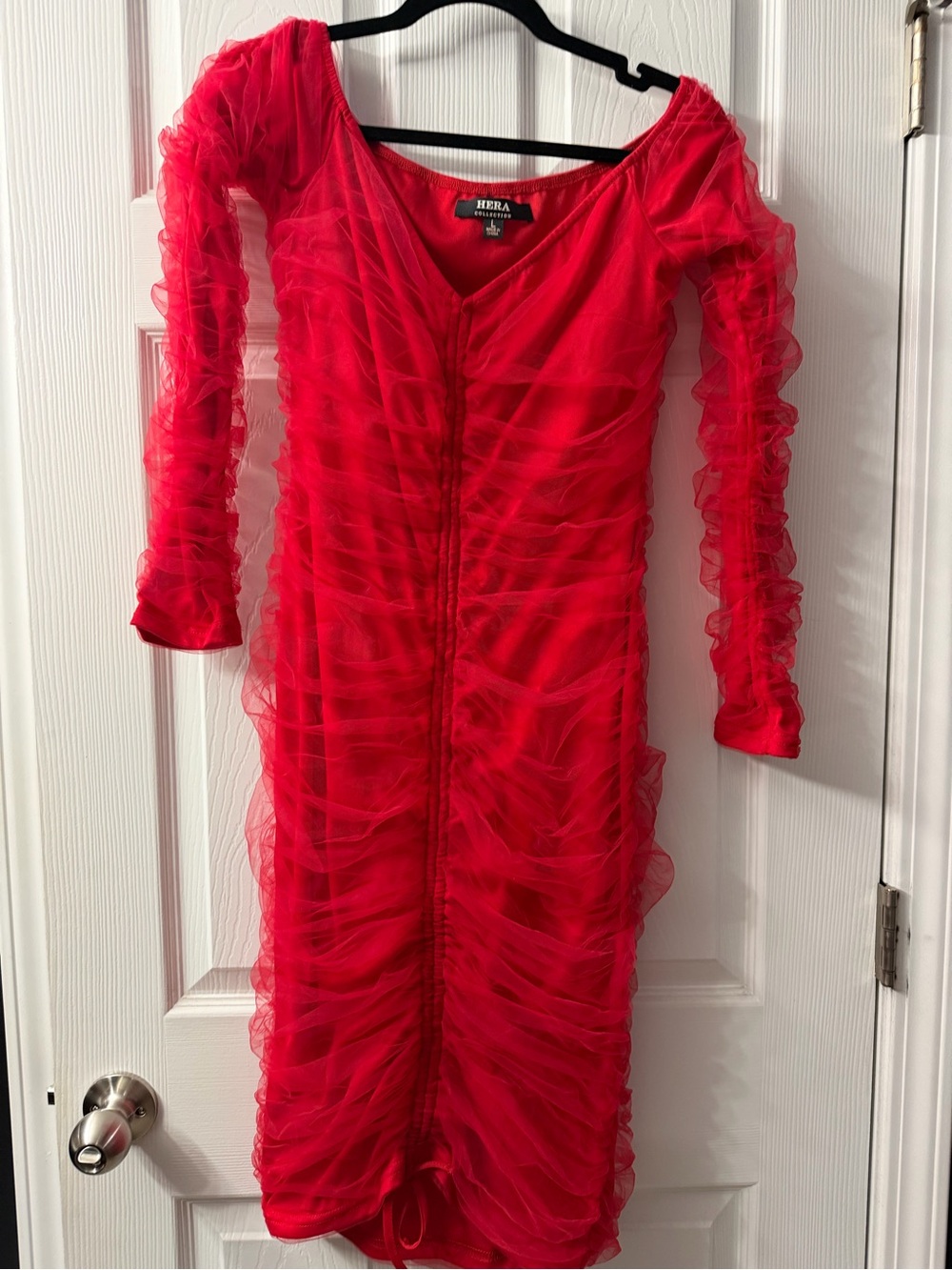 Hera Collection Red Long-Sleeve Ruched Mesh Midi Dress